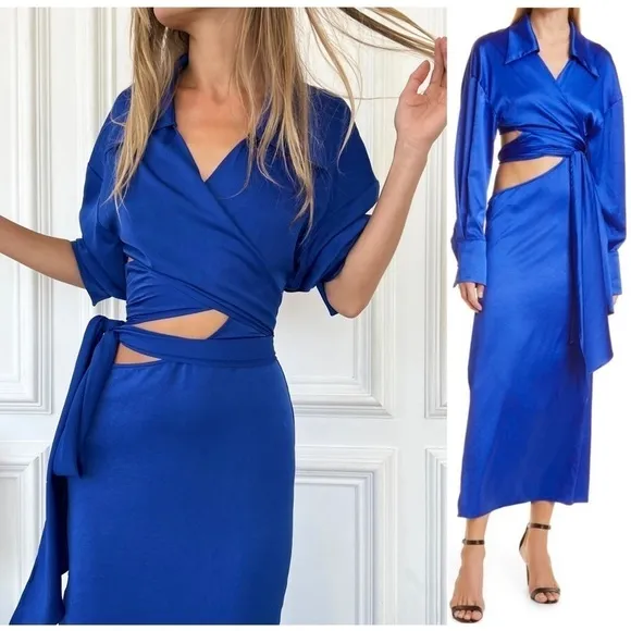 NWT RONNY KOBO 70s Cobalt Satin Long Sleeve Wrap   Cutout Collared Midi Dress XS