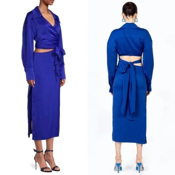 NWT RONNY KOBO 70s Cobalt Satin Long Sleeve Wrap   Cutout Collared Midi Dress XS