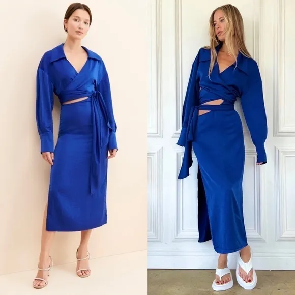 NWT RONNY KOBO 70s Cobalt Satin Long Sleeve Wrap   Cutout Collared Midi Dress XS