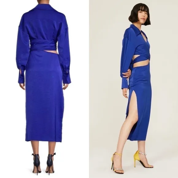 NWT RONNY KOBO 70s Cobalt Satin Long Sleeve Wrap   Cutout Collared Midi Dress XS