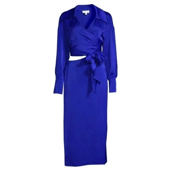 NWT RONNY KOBO 70s Cobalt Satin Long Sleeve Wrap   Cutout Collared Midi Dress XS