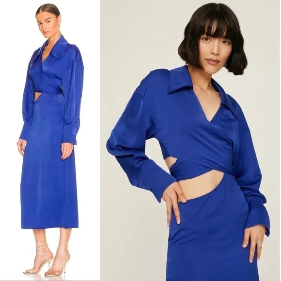 NWT RONNY KOBO 70s Cobalt Satin Long Sleeve Wrap   Cutout Collared Midi Dress XS