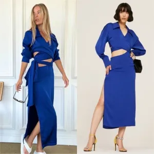NWT RONNY KOBO 70s Cobalt Satin Long Sleeve Wrap   Cutout Collared Midi Dress XS