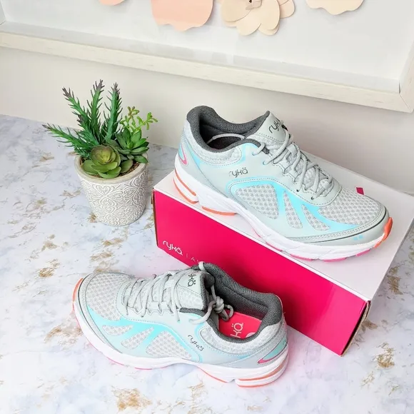 NWT Ryka Vapor Grey Infinite Plus Sneakers 7.5 Orang Pink Blue Details