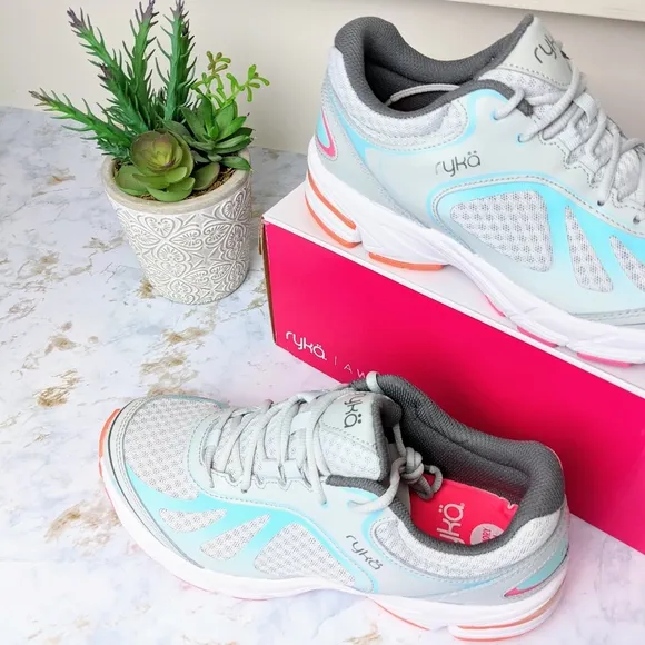 NWT Ryka Vapor Grey Infinite Plus Sneakers 7.5 Orang Pink Blue Details