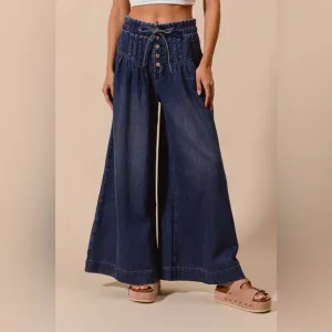 NWT So Me Ultra Wide Leg Smocked Drawstring Button Waist Dark Wash Denim Jeans