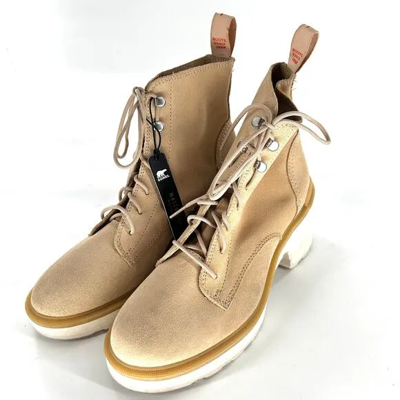 NWT Sorel Hi-Line Lace Up Chunky Heel Boots 7.5 Suede Tan Ankle Booties