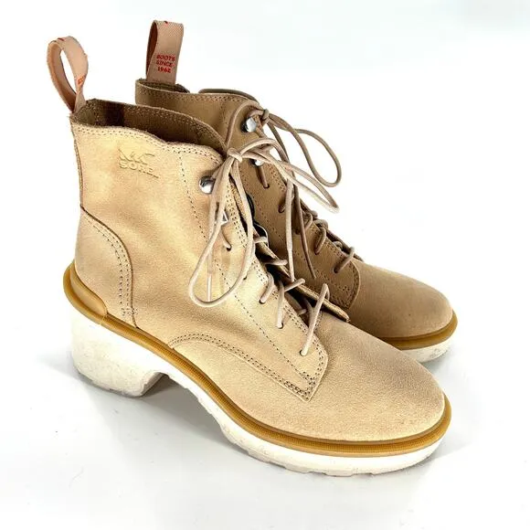 NWT Sorel Hi-Line Lace Up Chunky Heel Boots 7.5 Suede Tan Ankle Booties