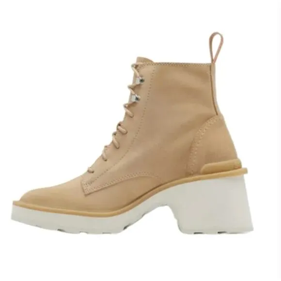 NWT Sorel Hi-Line Lace Up Chunky Heel Boots 7.5 Suede Tan Ankle Booties