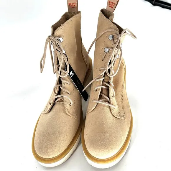 NWT Sorel Hi-Line Lace Up Chunky Heel Boots 7.5 Suede Tan Ankle Booties