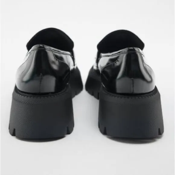 NWT. Zara Black Shiny Finish Chunky Loafers. Size 9.