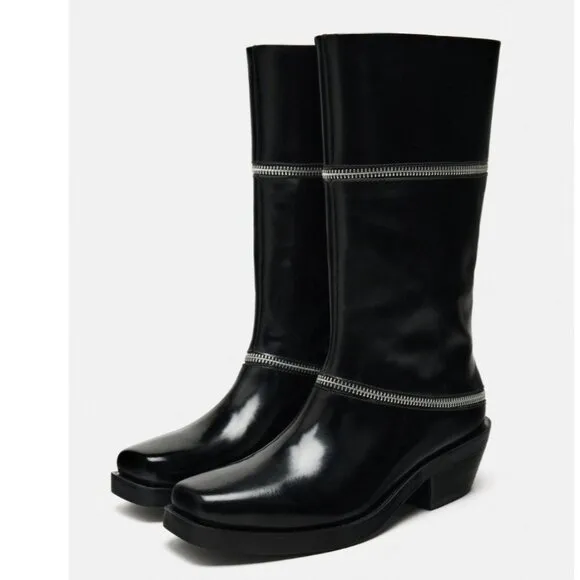 NWT Zara Black ZIPPERED LEATHER Mid Calf Boots EU 36 US 6 Black Bloggers Fave