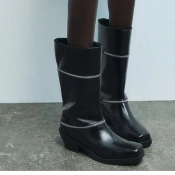 NWT Zara Black ZIPPERED LEATHER Mid Calf Boots EU 36 US 6 Black Bloggers Fave