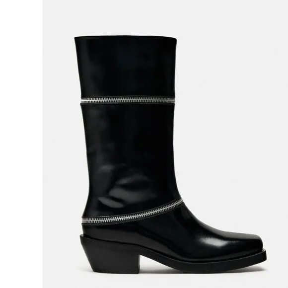 NWT Zara Black ZIPPERED LEATHER Mid Calf Boots EU 36 US 6 Black Bloggers Fave