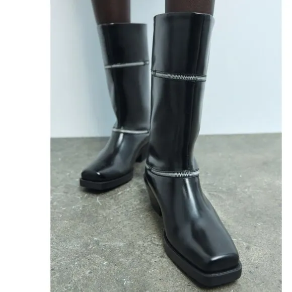 NWT Zara Black ZIPPERED LEATHER Mid Calf Boots EU 36 US 6 Black Bloggers Fave