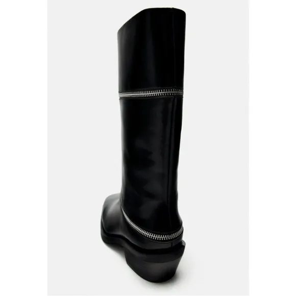 NWT Zara Black ZIPPERED LEATHER Mid Calf Boots EU 36 US 6 Black Bloggers Fave