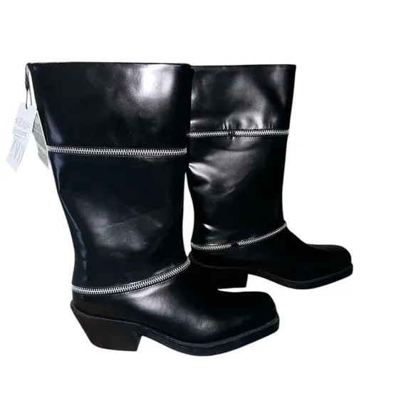 NWT Zara Black ZIPPERED LEATHER Mid Calf Boots EU 36 US 6 Black Bloggers Fave