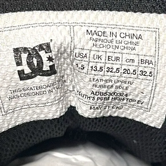 NWT DC Kids Pure High Top EV Sneakers 1.5