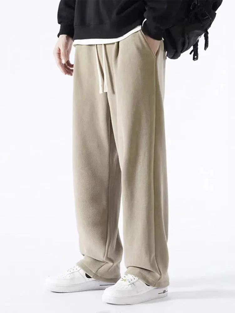 Obsidian Phoenix Winter Men's Sweatpants - Korean Fashion Thick Warm Fleece Wide-Leg Straight Loose Track Pants