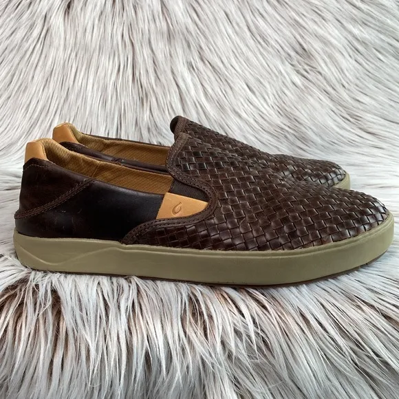 Olukai Lae'ahi Lauhala Leather Slip On Sneakers Dark Wood Drop Heel Mens 10