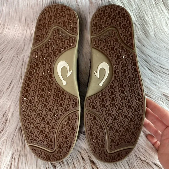 Olukai Lae'ahi Lauhala Leather Slip On Sneakers Dark Wood Drop Heel Mens 10
