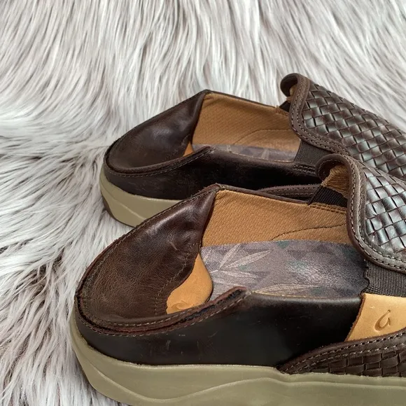 Olukai Lae'ahi Lauhala Leather Slip On Sneakers Dark Wood Drop Heel Mens 10