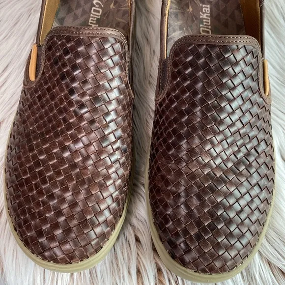 Olukai Lae'ahi Lauhala Leather Slip On Sneakers Dark Wood Drop Heel Mens 10