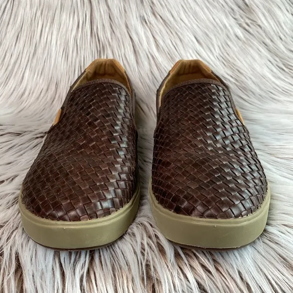 Olukai Lae'ahi Lauhala Leather Slip On Sneakers Dark Wood Drop Heel Mens 10