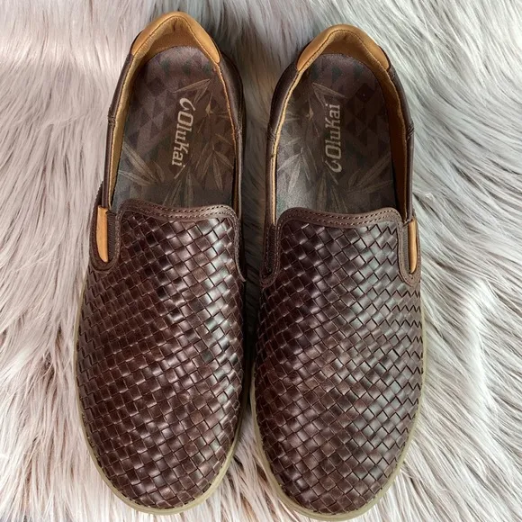 Olukai Lae'ahi Lauhala Leather Slip On Sneakers Dark Wood Drop Heel Mens 10