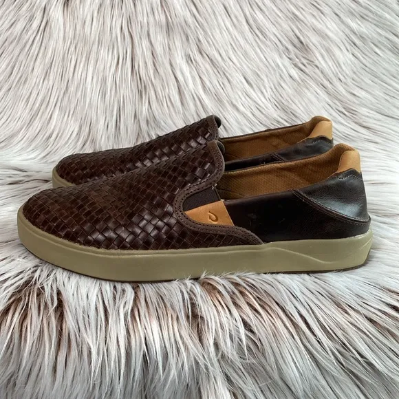 Olukai Lae'ahi Lauhala Leather Slip On Sneakers Dark Wood Drop Heel Mens 10