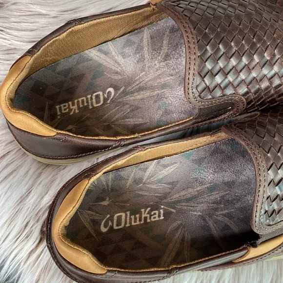 Olukai Lae'ahi Lauhala Leather Slip On Sneakers Dark Wood Drop Heel Mens 10