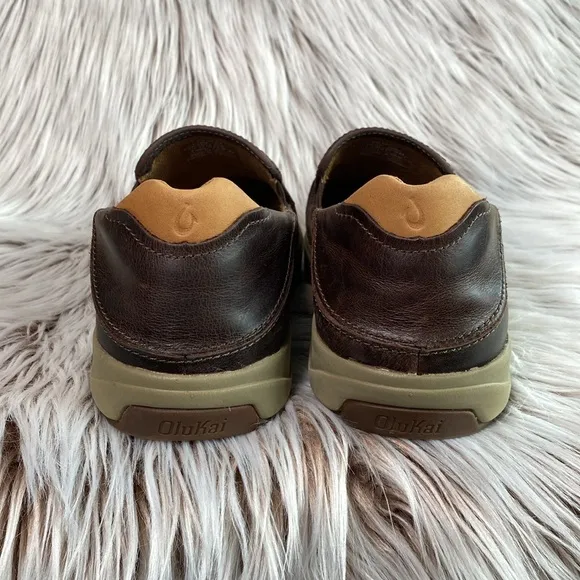 Olukai Lae'ahi Lauhala Leather Slip On Sneakers Dark Wood Drop Heel Mens 10