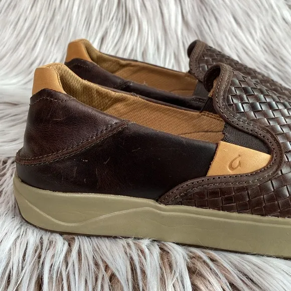 Olukai Lae'ahi Lauhala Leather Slip On Sneakers Dark Wood Drop Heel Mens 10