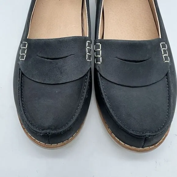OluKai Okika Navy Blue Oiled Leather Slip On Drop Heel Penny Loafers Women’s 8