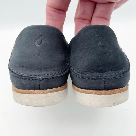 OluKai Okika Navy Blue Oiled Leather Slip On Drop Heel Penny Loafers Women’s 8