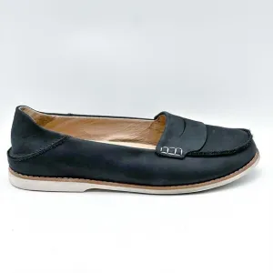 OluKai Okika Navy Blue Oiled Leather Slip On Drop Heel Penny Loafers Women’s 8