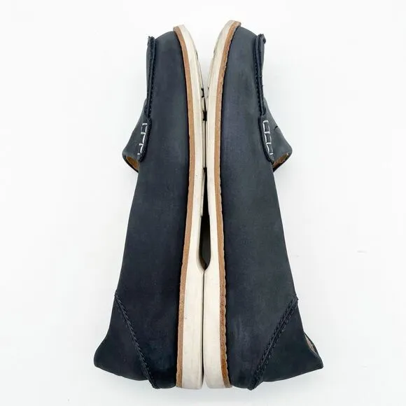OluKai Okika Navy Blue Oiled Leather Slip On Drop Heel Penny Loafers Women’s 8