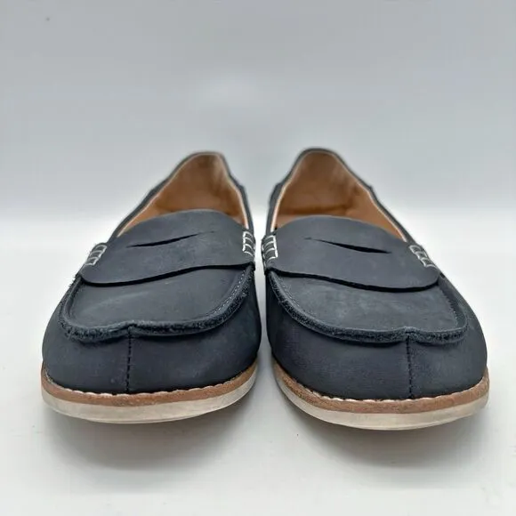 OluKai Okika Navy Blue Oiled Leather Slip On Drop Heel Penny Loafers Women’s 8