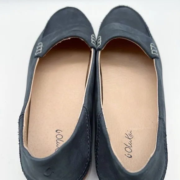 OluKai Okika Navy Blue Oiled Leather Slip On Drop Heel Penny Loafers Women’s 8