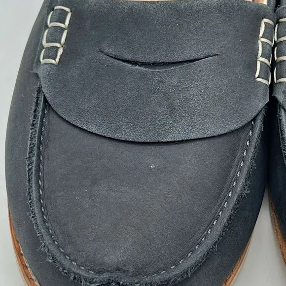 OluKai Okika Navy Blue Oiled Leather Slip On Drop Heel Penny Loafers Women’s 8