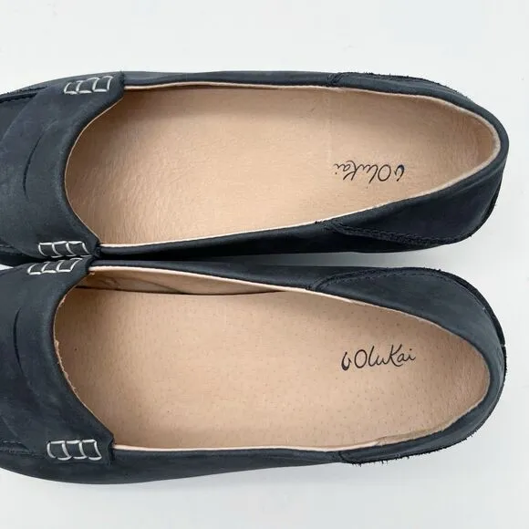 OluKai Okika Navy Blue Oiled Leather Slip On Drop Heel Penny Loafers Women’s 8