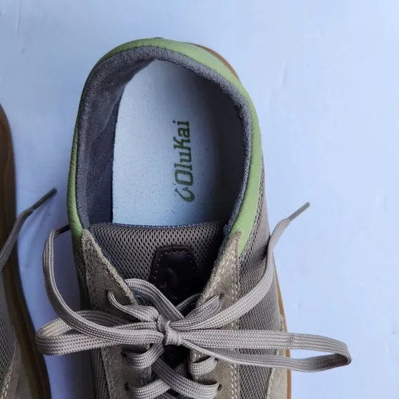 Olukai Punini Mens 9.5 New Taupe/Green Mesh/Suede Casual Court Sneakers EU 42.5