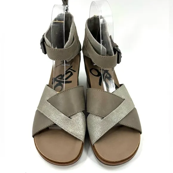 OTBT Teamwork Ankle Leather Wedge Sandals Size 8 Platform Shoes Cork Silver Gray