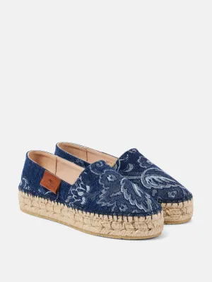 Paisley denim jacquard platform espadrilles