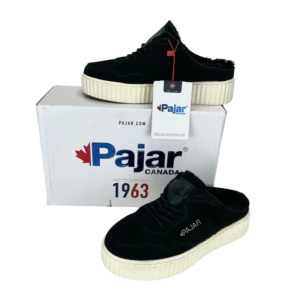 PAJAR CANADA CARMELA BLACK LEATHER GENUINE SHEARLING LINED SNEAKERS / MULES🆕