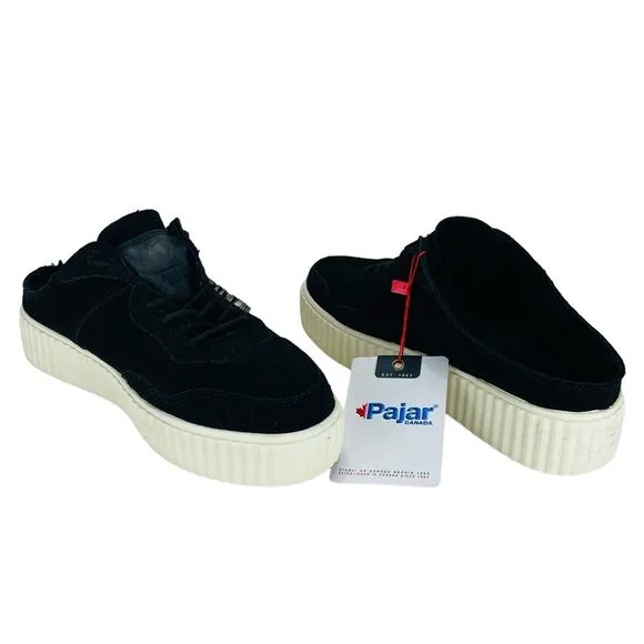 PAJAR CANADA CARMELA BLACK LEATHER GENUINE SHEARLING LINED SNEAKERS / MULES🆕