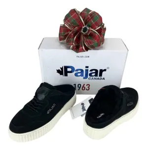PAJAR CANADA CARMELA BLACK LEATHER GENUINE SHEARLING LINED SNEAKERS / MULES🆕