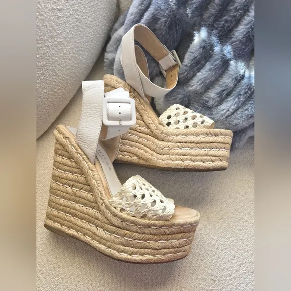 Palomitas by Paloma Barcelo, Eva Leather Wedge Sandals, Ivory White/Tan, Size 39