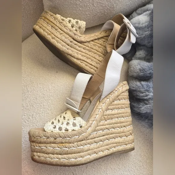 Palomitas by Paloma Barcelo, Eva Leather Wedge Sandals, Ivory White/Tan, Size 39