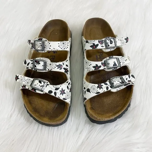 Papillio White &amp; Black Floral Print Faux Leather Florida Sandals Women's EU 36